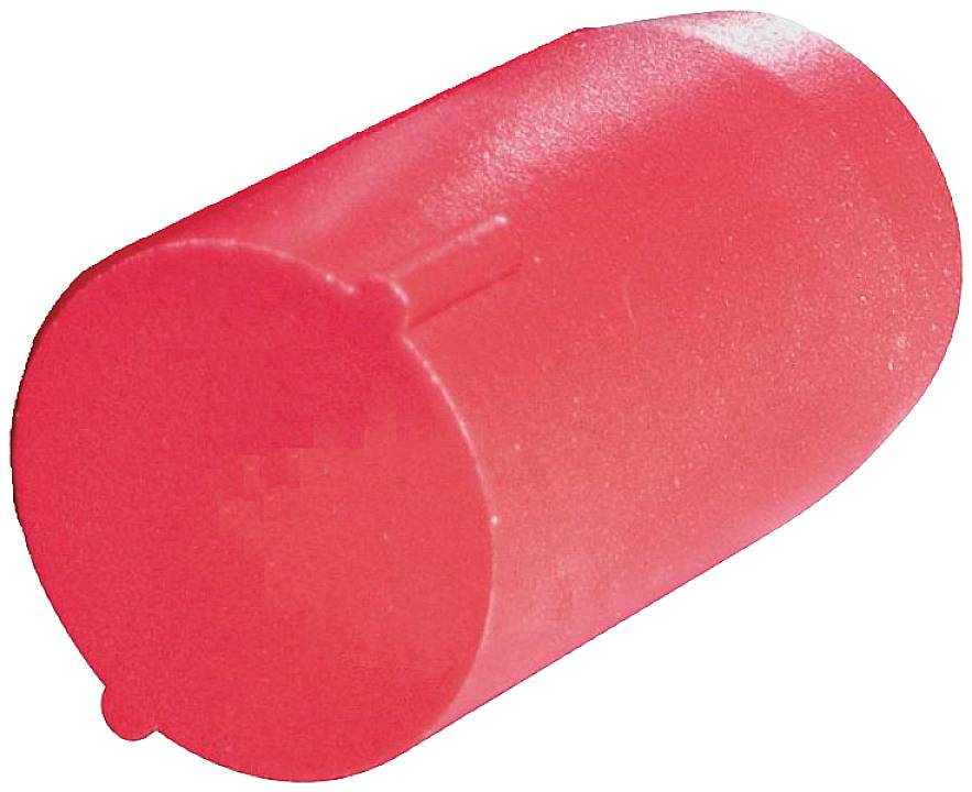 Rote Kunststoffkappe zylindrischer Form, leicht abgeschrägt auf einer Seite.