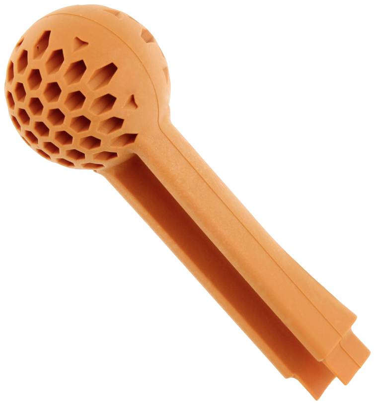 Ein orangefarbener Kunststoff-Gegenstand mit wabenartiger Kugel an einem langen Griff, möglicherweise ein Haushaltswerkzeug oder -zubehör.