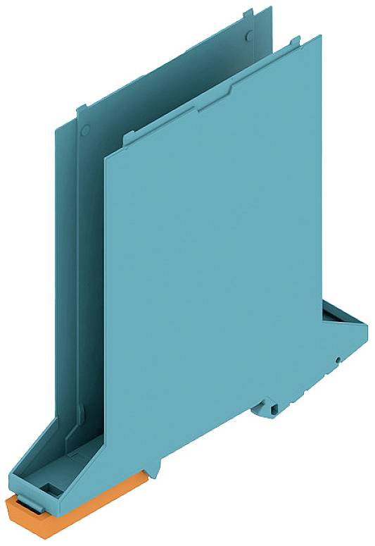 Ein blau-orangefarbenes Gehäuse, geeignet für Elektronikbauteile, mit schmalem, aufrechtem Design.