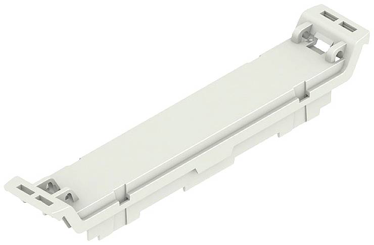 Eine weiße Kunststoffabdeckung mit rechteckiger Form und seitlichen Befestigungspunkten, möglicherweise für elektronisches Zubehör.
