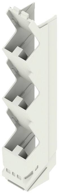 Kunststoffsteckverbinder, weiß, dreieckige Form, mit mehreren Kammern für Kabelmanagement. Vertikale Ausrichtung, technische Komponente.