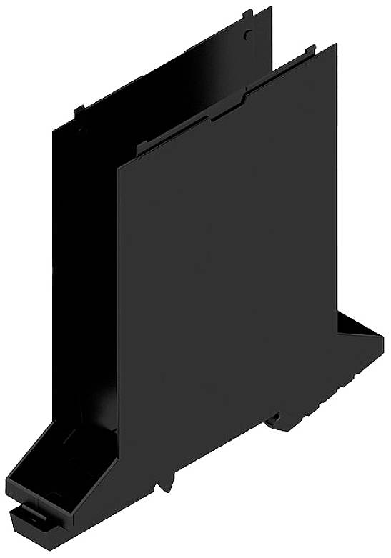 Ein schwarzes, rechteckiges Kunststoffgehäuse, aufrecht stehend, mit einer Öffnung am unteren Ende, geeignet für elektronische Bauteile.