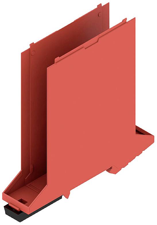 Rotes, rechteckiges Kunststoffgehäuse, seitlicher Blick. Verwendung als Schutzabdeckung oder Halterung in technischen Anwendungen.