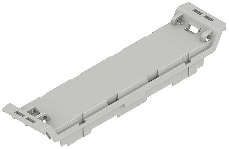 Ein graues, rechteckiges Kunststoffteil mit Haken an den Ecken, möglicherweise ein Bauteil für eine mechanische oder elektronische Konstruktion.