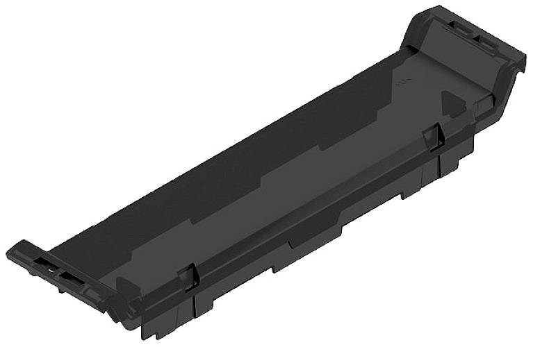 Ein schwarzes, rechteckiges Kunststoffteil mit Erhebungen und Vertiefungen. Es scheint ein technisches Bauteil zu sein, möglicherweise eine Abdeckung oder Halterung.