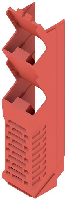 Rotes, rechteckiges Kunststoffteil mit offenen Seiten und schachtelartigem Aufbau, vermutlich ein technisches Bauteil oder Halterung.