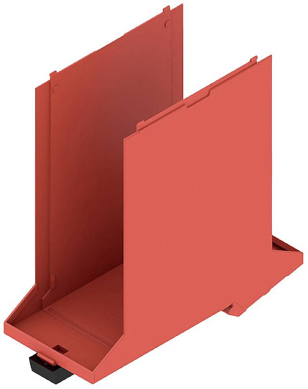 Ein roter Kunststoff-Behälter mit offenem Deckel und rechteckiger Basis, geeignet zur Lagerung kleinerer Gegenstände in einem Regal.