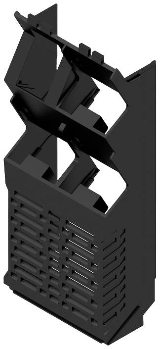 Ein schwarzes, vertikal stehendes Kunststoffteil mit Gittern und möglichem Haltemechanismus.