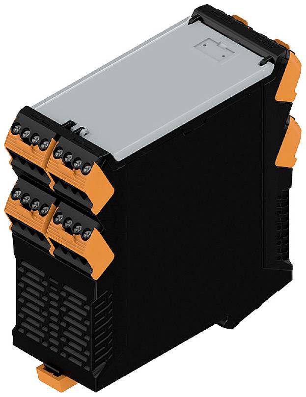 Elektronisches Gerät mit schwarzem Gehäuse und orangefarbenen Akzenten, für Industrieanwendungen konzipiert.