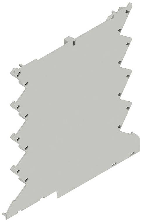Graue Kunststoffplatte in unregelmäßiger, rechteckiger Form, mit Zacken und Aussparungen an den Seiten.