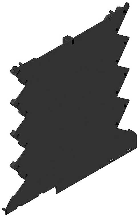 Ein schwarzes, zackiges Bauteil mit mehreren Vertiefungen und Erhebungen, vermutlich ein technisches Teil oder Gehäuseelement.