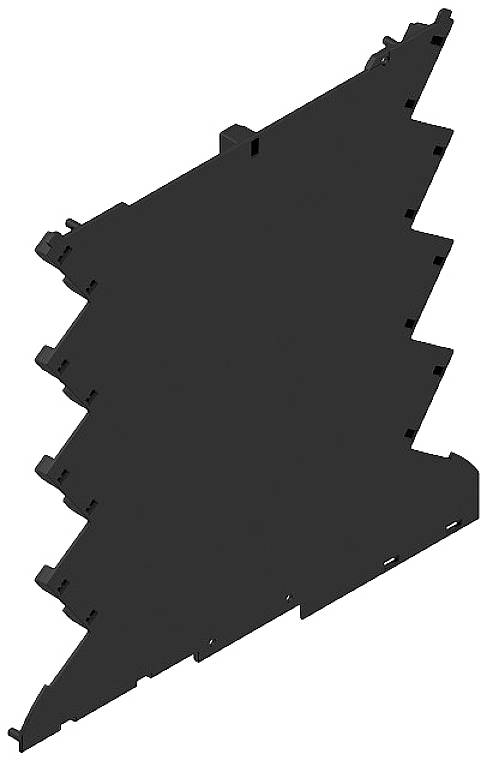 Schwarzes, zackiges Plastikteil in unregelmäßiger geometrischer Form, das alleinstehend vor weißem Hintergrund abgebildet ist.