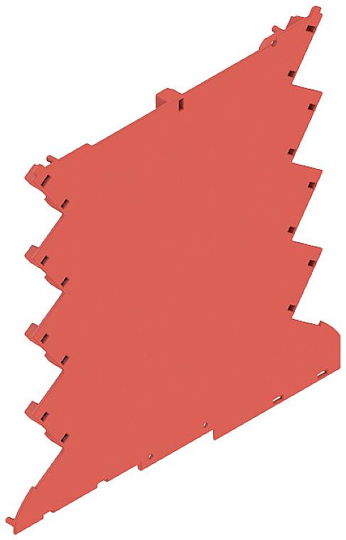 Ein rotes, gezacktes Kunststoffteil, möglicherweise ein Montage- oder Verbindungselement, mit zahlreichen Haken und Aussparungen.