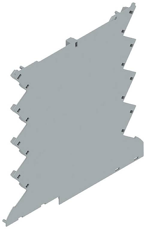 Graues, gezacktes Bauteil mit mehreren Einkerbungen und Ausbuchtungen, möglicherweise ein Teil eines größeren technischen Geräts.