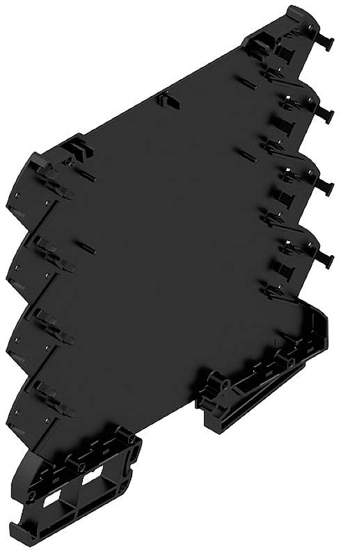 Schwarzes Bauteil in dreieckiger Form mit mehreren Befestigungspunkten an der Seite, wahrscheinlich ein mechanisches oder elektrisches Teil.