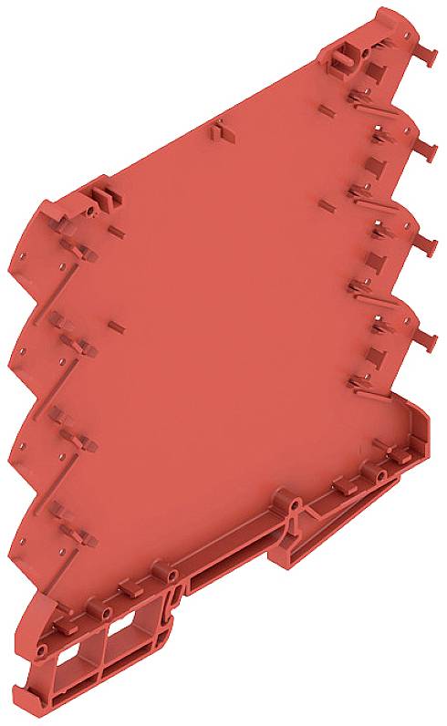 Roter Kunststoffklemmenblock in dreieckiger Form, mit mehreren seitlichen Einrastvorrichtungen. Hauptsächlich für elektrische Verbindungen.