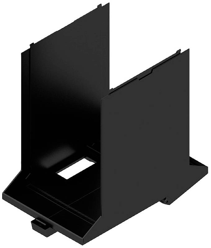 Schwarze, rechteckige Kunststoffhalterung mit Öffnung. Dient der Stabilisierung oder dem Schutz von technischen Geräten.