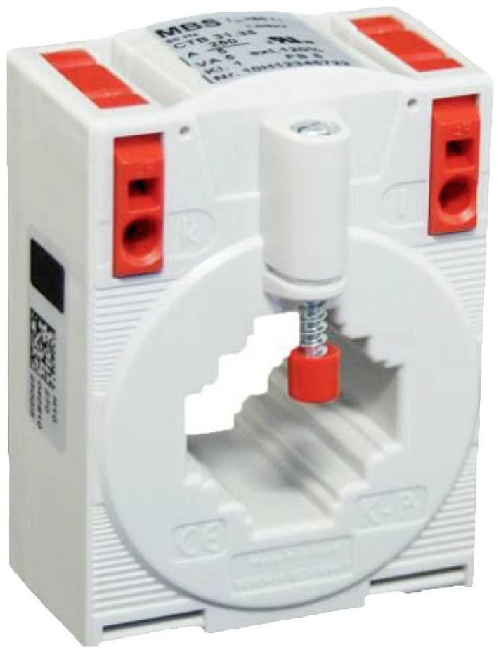 Ein weißer Stromwandler mit rotem Innenmechanismus und Anschlussklemmen. Benutzt zur Strommessung in elektrischen Systemen.
