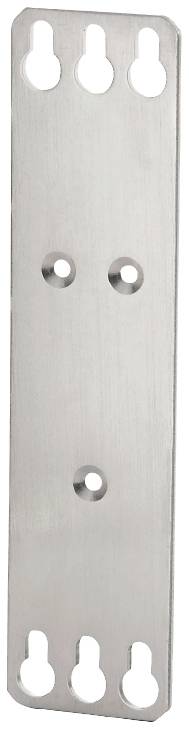 Metallplatte mit sieben Öffnungen, davon drei mittig in einer Reihe. Sieht aus wie eine Befestigungsplatte für technische Anwendungen.