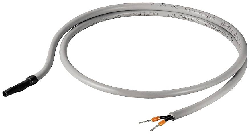 Ein graues, isoliertes Kabel mit zwei abisolierten Enden. Geeignet für elektrische Verbindungen oder Installationen.