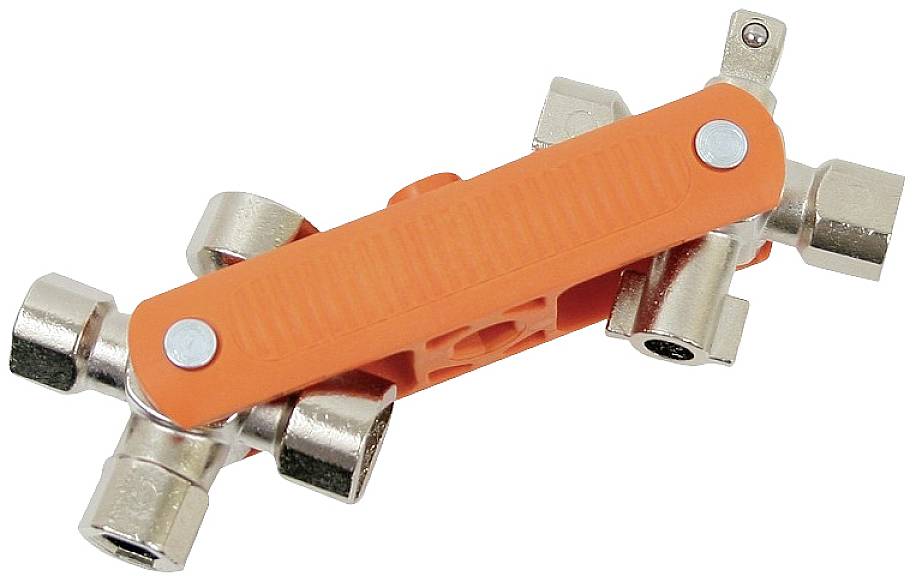 Ein orangefarbener Vierkantschlüssel mit vier metallenen Einsätzen, verwendet für Heizungssysteme und technische Wartungsarbeiten.