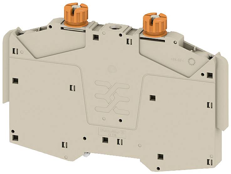 Industrieklemme in beige mit zwei orangen Drehmechanismen oben, genutzt zur elektrischen Verbindung von Leitungen in Schaltschränken.