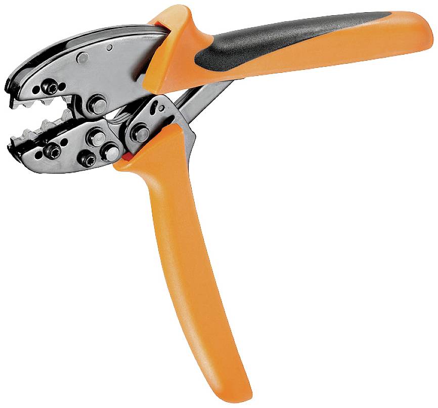 Eine orange-schwarze Crimpzange mit ergonomischem Griff zum Verpressen von Kabelschuhen. Geeignet für Elektronikarbeiten.
