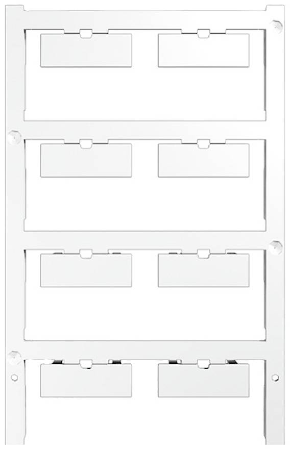 Ein weißer Kunststoffrahmen mit vier horizontalen Reihen, jede mit zwei rechteckigen Ausschnitten, vermutlich zur Kabelinstallation.