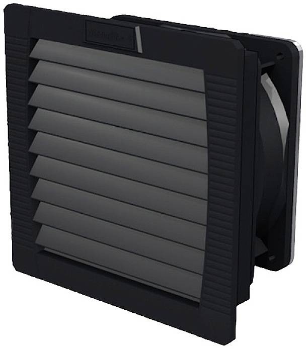 Ein schwarzer Kühlventilator mit Schutzgitter und Lamellen, häufig in Gehäusen zur Regulierung der Temperatur verwendet.