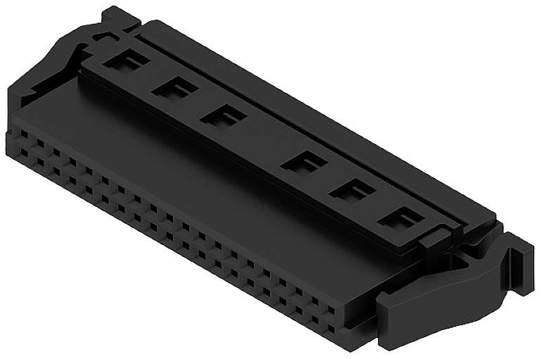 Schwarzer elektrischer Stecker mit rechteckiger Form und mehreren Pins, geeignet für den Anschluss an elektronische Geräte.