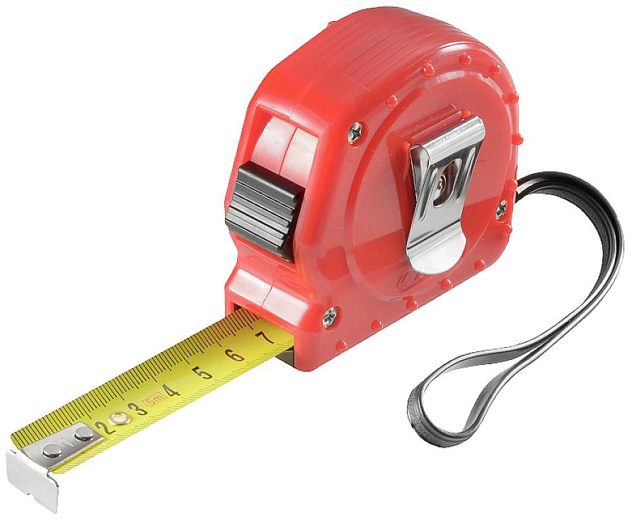 Rotes Maßband mit ausgezogener gelber Skala, die von 2 bis 7 Zentimeter reicht.