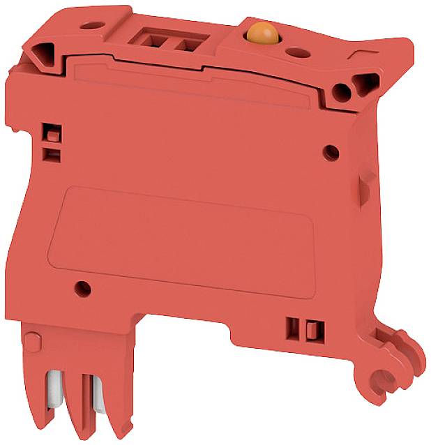 Rotes elektrisches Bauteil, wahrscheinlich eine Sicherungshalterung oder ein ähnliches Modul, mit zwei Metallklemmen unten und einem orangefarbenen Knopf oben.