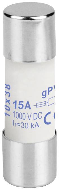 Ein zylindrische Sicherung mit der Aufschrift '10x38', '15A', '1000V DC', und 'I1=30 kA' auf dem Gehäuse.