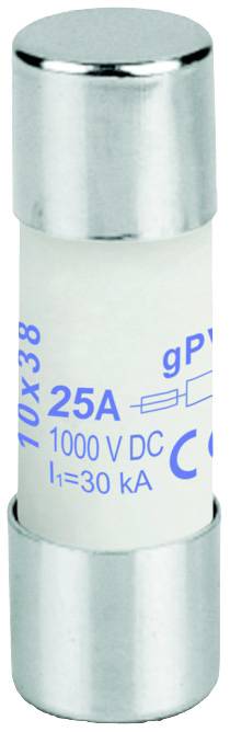 Sicherung mit Aufdruck: '25A, 1000V DC, I1=30kA'. Wird in elektrischen Schaltungen zum Überstromschutz verwendet.