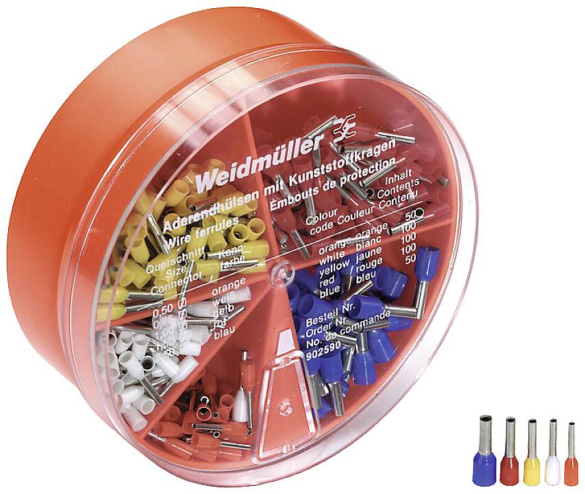 Eine rote Box mit verschiedenen Aderendhülsen in den Farben weiß, grau, rot, schwarz, blau und gelb, jeweils in verschiedenen Mengen.