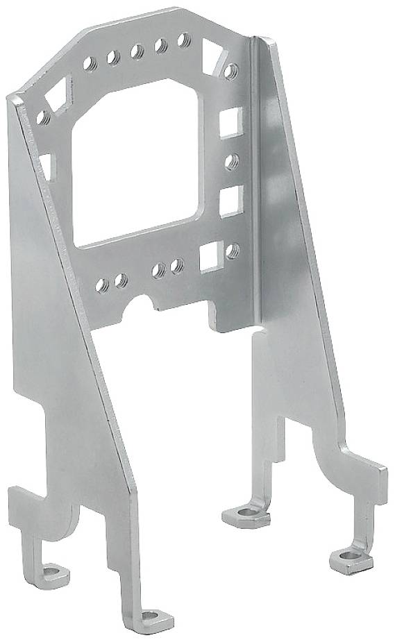 Metallhalterung für eine Elektronikplatine, bestehend aus zwei gestanzten Seitenteilen. Geeignet für technisches Gehäusemontage.