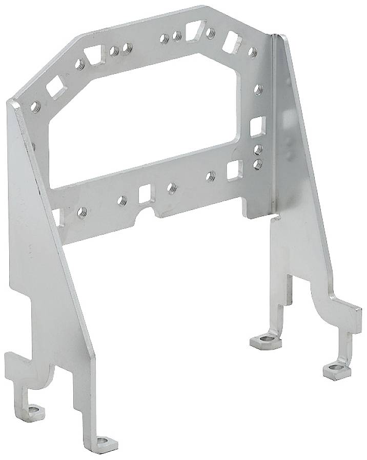 Metallhalterung mit rechteckiger Aussparung, wahrscheinlich für elektronische Bauteile. Sie hat mehrere Bohrungen für Befestigung.