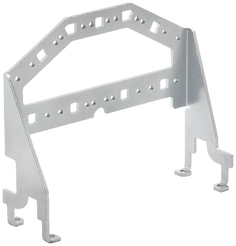 Metallhaltevorrichtung mit rechteckigen und kreisförmigen Aussparungen. Dient zur Befestigung von elektronischen Bauteilen.