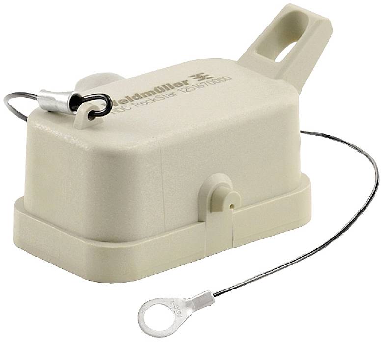 Ein hellbrauner Kabelschutzkasten mit kleinem Griff und Sicherheitskabel, hergestellt von Weidmüller, zum Schutz elektrischer Verbindungen.