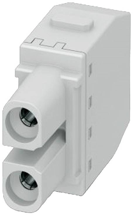 Ein weißer, zweipoliger elektrischer Steckverbinder mit rechteckiger Form und runden Anschlüssen, geeignet für technische Installationen.