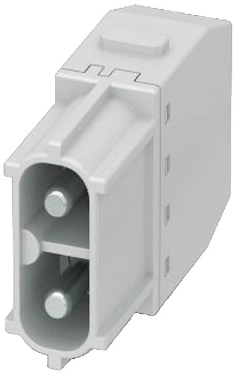 Grauer, rechteckiger Stecker mit zwei runden Metallpins in der Mitte. Eignet sich für elektrische Verbindungen.