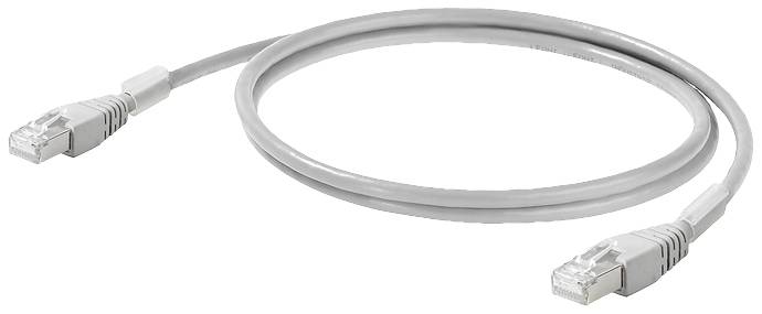 Graues Ethernet-Kabel, verdrehte Enden mit RJ45-Steckern.