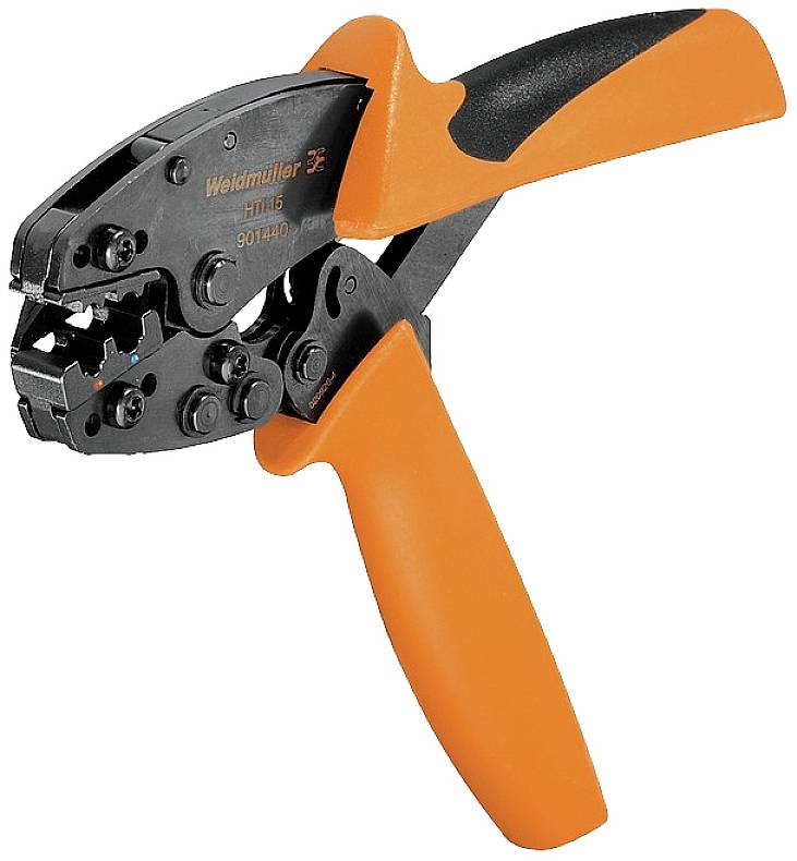Zange mit orangefarbenem Griff und schwarzem Kopf, verwendet für präzises Crimpen von Kabeln; kleines, handliches Werkzeug.