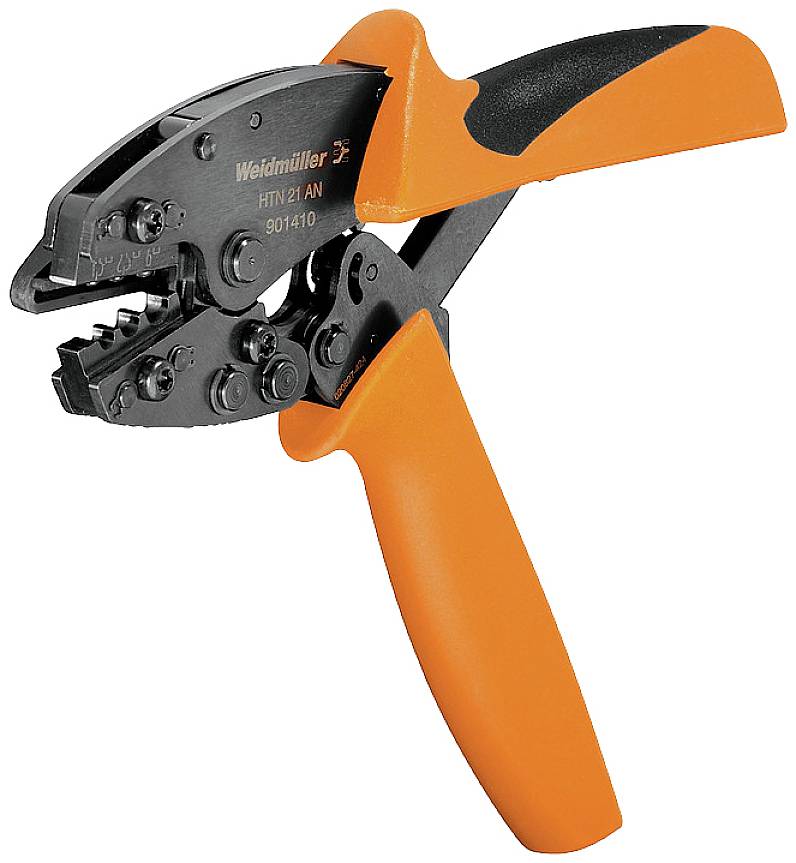 Eine orange-schwarze Crimpzange für Elektroverbindungen von der Marke Weidmüller, Modell HTN 21 AN, mit ergonomischem Griff.