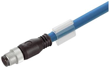 Blaues Kabel mit schwarzem und silbernem Stecker, verbunden durch eine transparente Halteklammer.