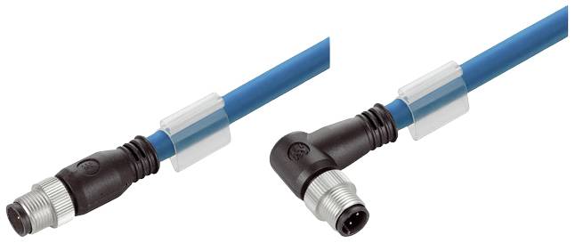 Zwei blaue Koaxialkabel mit schwarzen Steckern, eines gerade, das andere im rechten Winkel gebogen.