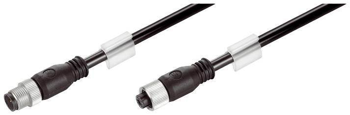 Zwei schwarze elektrische Kabel mit Steckverbindern, die EN175301-803-konform sind, verbunden durch einen silbernen Clip.