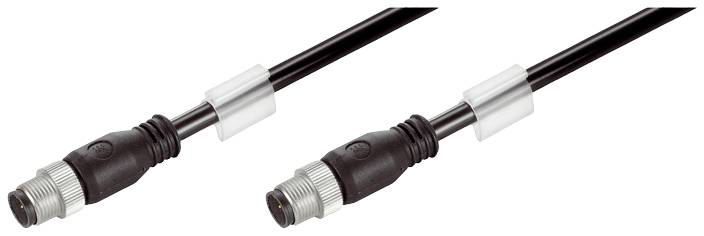 Ein schwarzes Kabel mit zwei Steckverbindern an den Enden, vermutlich M8 oder M12, mit grauen Zugentlastungen in der Mitte.