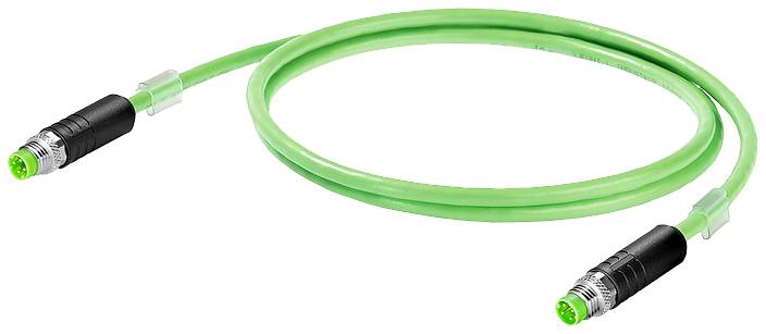 Ein grünes Verbindungskabel mit schwarzen Steckern an beiden Enden, geeignet für industrielle und technische Anwendungen.