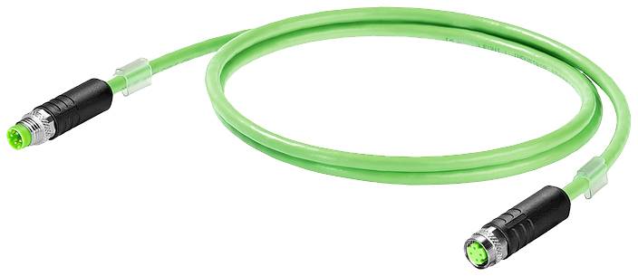 Grünes M12-Kabel mit 8-poligen Steckern an beiden Enden, oft verwendet in industriellen Automatisierungsanwendungen für Sensoren oder Datenübertragung.
